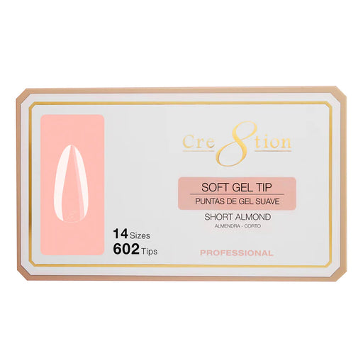 Cre8tion Soft Gel Tips - ALMOND SHORT - 14 sizes, (Pk: 602 pcs/box)