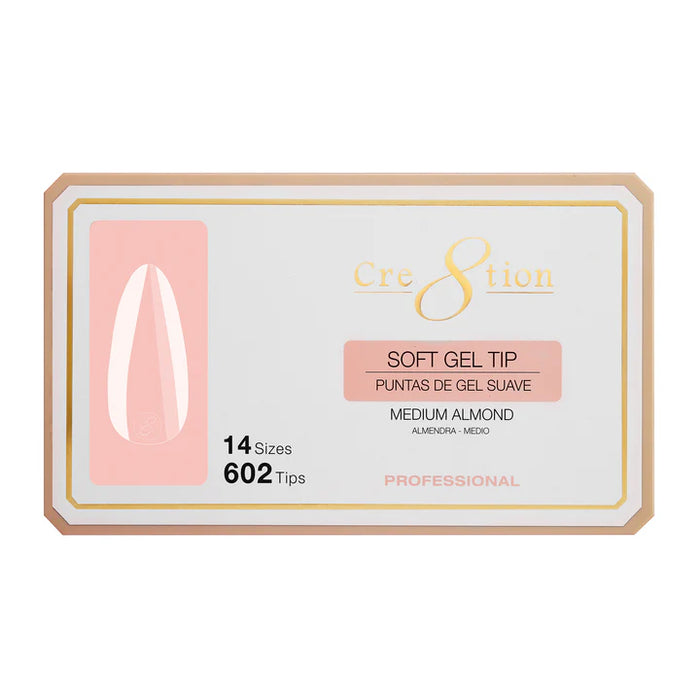 Cre8tion Soft Gel Tips - ALMOND MEDIUM - 14 sizes, (Pk: 602 pcs/box)