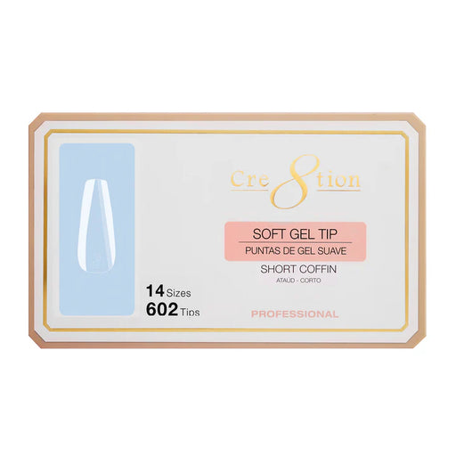 Cre8tion Soft Gel Tips - COFFIN SHORT - 14 sizes, (Pk: 602 pcs/box)