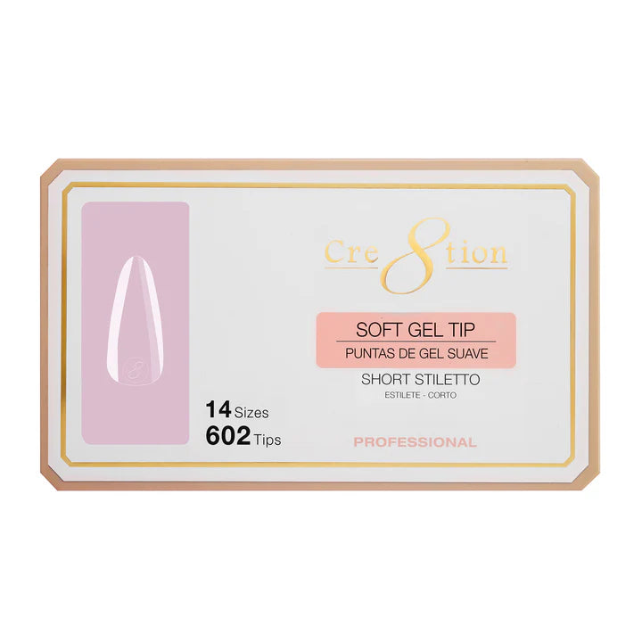 Cre8tion Soft Gel Tips - STILETTO SHORT - 14 sizes, (Pk: 602 pcs/box)