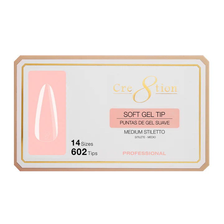 Cre8tion Soft Gel Tips - STILETTO MEDIUM - 14 sizes, (Pk: 602 pcs/box)