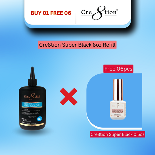 Cre8tion Soak Off Gel Super Black 8oz Refill - Buy 1 Get 6 Size 0.5oz Free